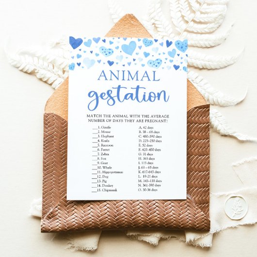 Invitation Blue Valentine Baby shower Animal Gestation Jeu