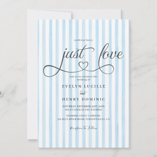 Invitation Blue vertical stripes Modern Script Heart Wedding (Devant)
