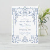 Invitation Blue Victorian Ornate Grace Floral Mariage françai (Debout devant)