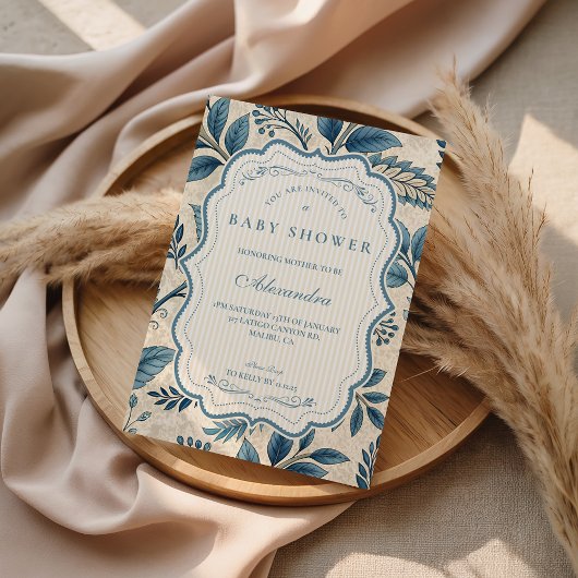 Invitation Blue Vintage Botanical Baby Shower