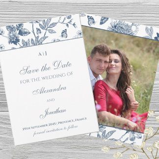 Invitation Blue Vintage Floral Français Enregistrer la photo 