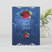 Invitation Blue Vintage ornemental Red Roses Mariage (Debout devant)