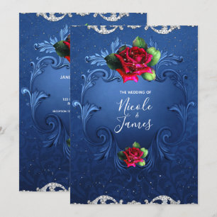Invitation Blue Vintage ornemental Red Roses Mariage