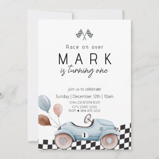 Invitation Blue Vintage Race Car Anniversaire (Devant)