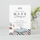 Invitation Blue Vintage Race Car Anniversaire (Debout devant)