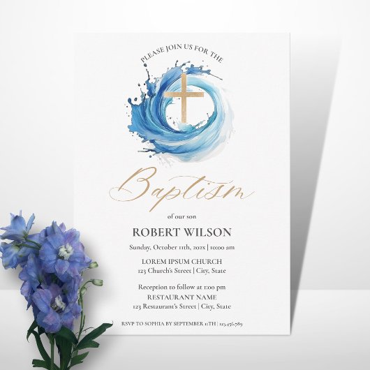 Invitation Blue Water Gold Cross Garçon Christening Baptême
