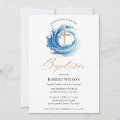 Invitation Blue Water Gold Cross Garçon Christening Baptême (Devant)