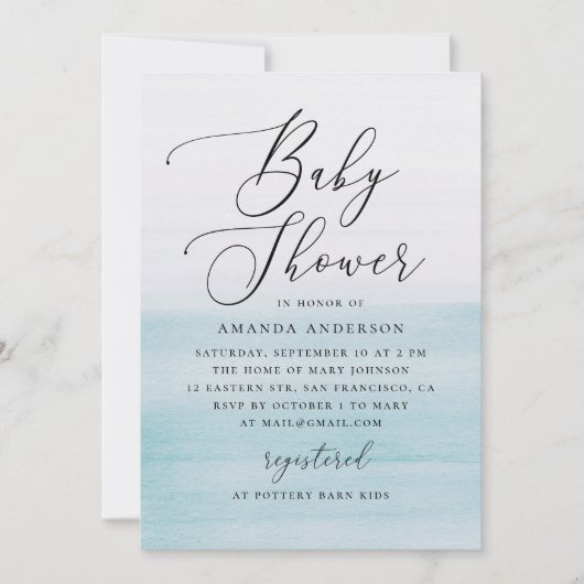 Invitation Blue Watercolor Baby Shower | Elegant Coastal (Devant)