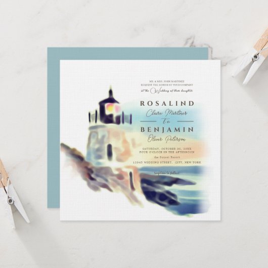 Invitation Blue Watercolor Beach Lighthouse Paysage Mariage (Devant/Arrière en situation)