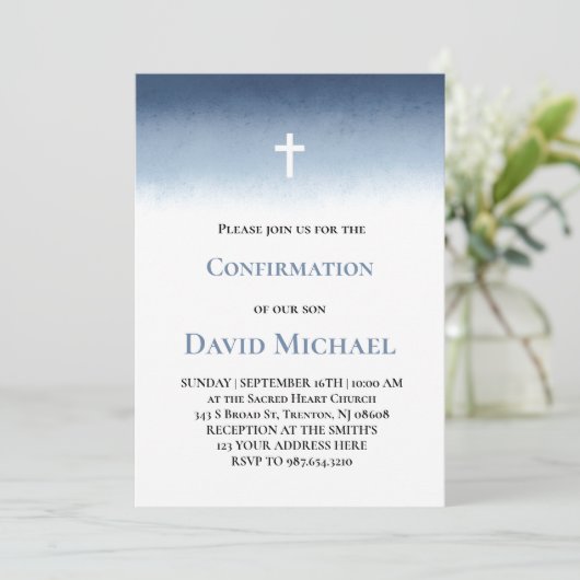 Invitation blue watercolor Confirmation boy (Debout devant)