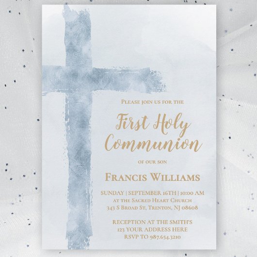 Invitation blue watercolor cross First Holy Communion