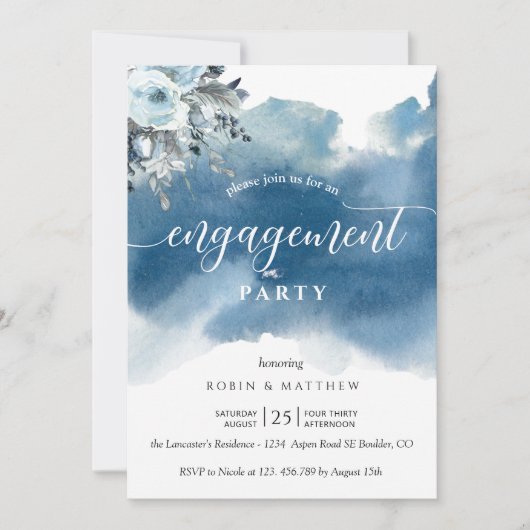 Invitation Blue Watercolor et Blue Floral Engagement Party (Devant)