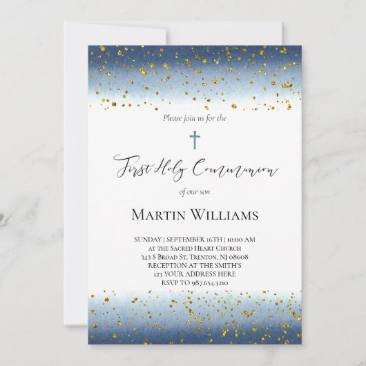 Invitation blue watercolor First Communion (Devant)