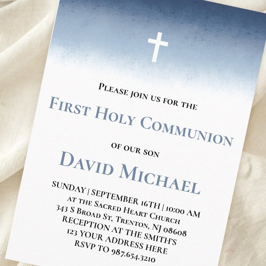 Invitation blue watercolor First Holy Communion boy