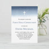 Invitation blue watercolor First Holy Communion boy (Debout devant)
