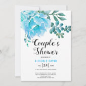 Invitation Blue Watercolor fleurs mariage couples douche (Devant)