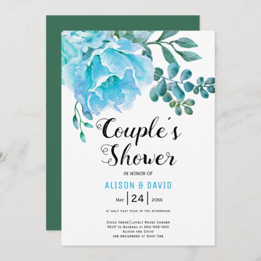 Invitation Blue Watercolor fleurs mariage couples douche (Devant / Derrière)