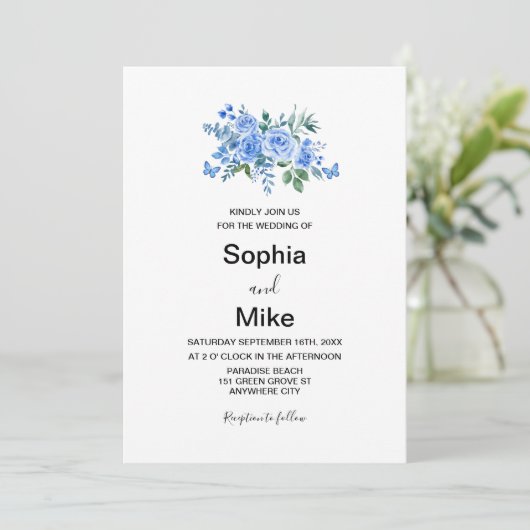 Invitation Blue Watercolor Floral Butterflies Wedding (Debout devant)
