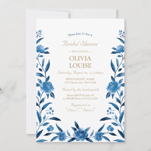 Invitation Blue Watercolor floral Chinoiserie nuptiale douche (Devant)
