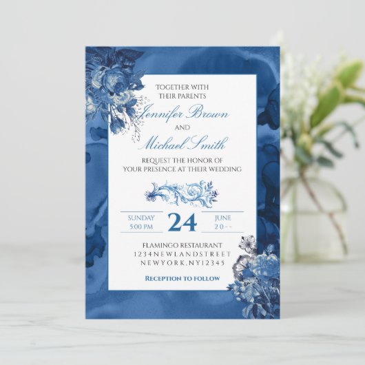 Invitation Blue Watercolor floral Elégant mariage (Debout devant)