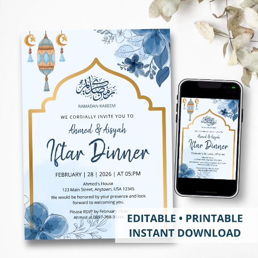 Invitation Blue Watercolor Floral Iftar Dinner Ramadan