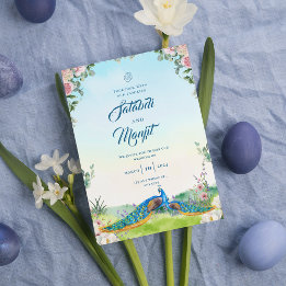 Invitation Blue Watercolor Floral Indian Peacock Wedding