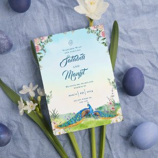 Invitation Blue Watercolor Floral Indian Peacock Wedding