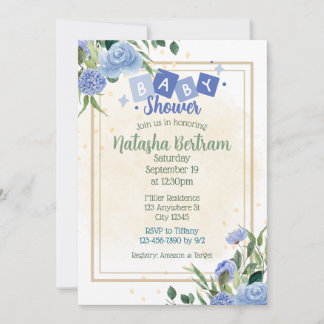 Invitation Blue Watercolor Floral Leaves Baby Shower