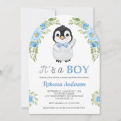 Invitation Blue Watercolor Floral Penguin Baby Shower (Devant)