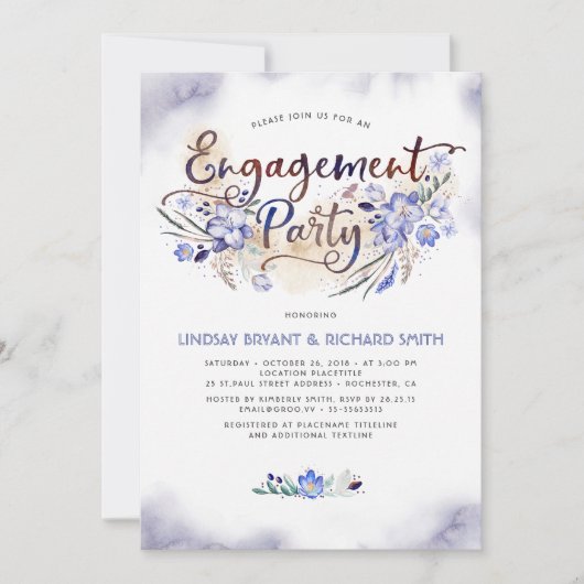 Invitation Blue Watercolor Floral Script Engagement (Devant)