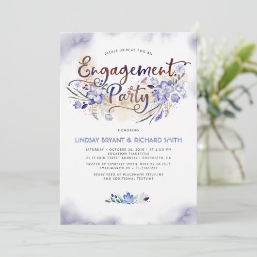 Invitation Blue Watercolor Floral Script Engagement (Debout devant)