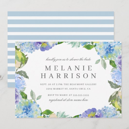 Invitation Blue Watercolor Floral Wreath Bridal (Devant / Derrière)