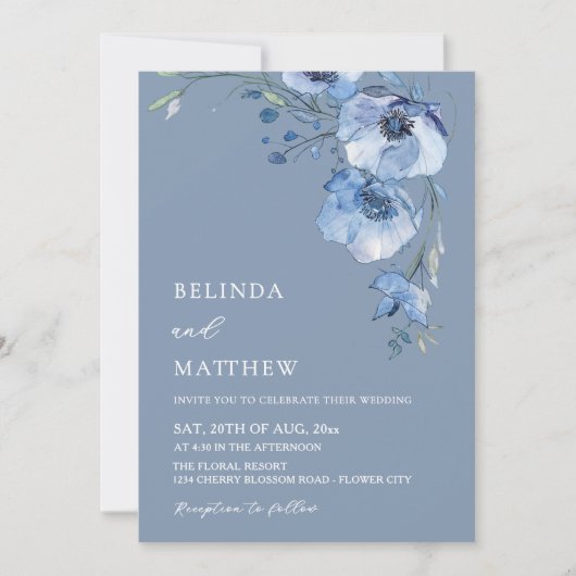 Invitation Blue Watercolor Flowers Casual Wedding (Devant)