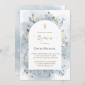 Invitation blue watercolor foliage Baptism  (Devant / Derrière)