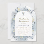 Invitation  blue watercolor foliage First Holy Communion  (Devant)
