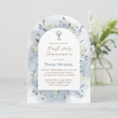 Invitation  blue watercolor foliage First Holy Communion  (Debout devant)