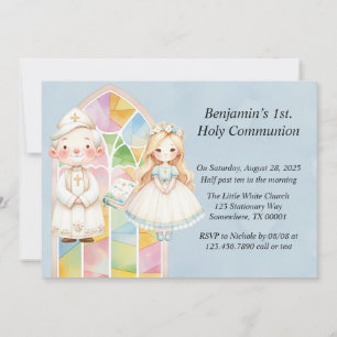 Invitation Blue Watercolor Girl 1st. Sainte Communion