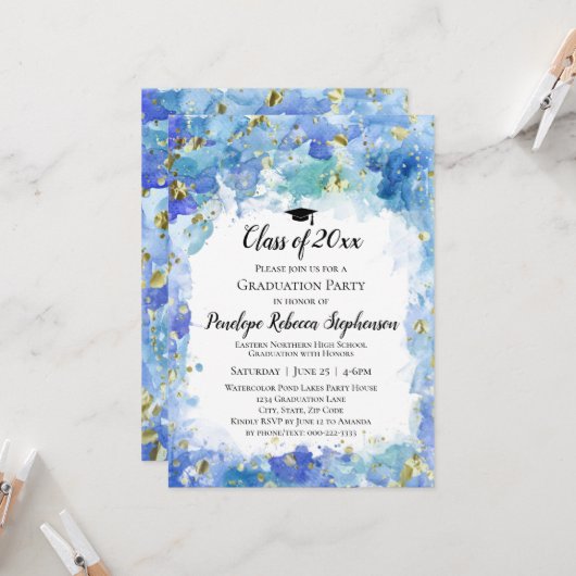 Invitation Blue Watercolor Gold Splatter Graduation Party (Devant/Arrière en situation)