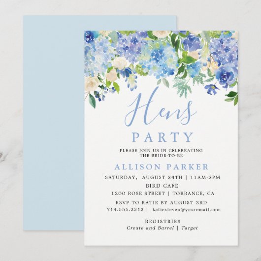 Invitation Blue Watercolor Hydrangea Floral Hens Party (Devant / Derrière)