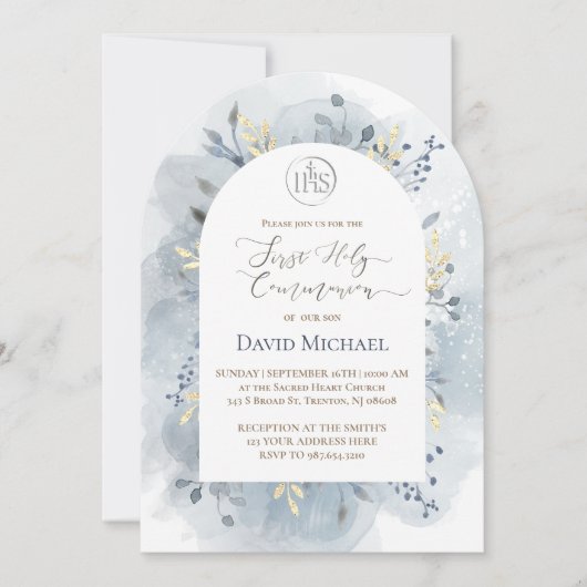 Invitation  blue watercolor leaves First Holy Communion  (Devant)