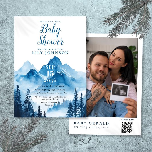 Invitation Blue Watercolor Mountain Baby shower photo QR Code