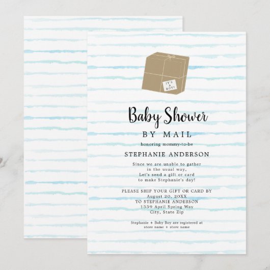 Invitation Blue Watercolor Stripes Boy Baby shower par mail (Devant / Derrière)