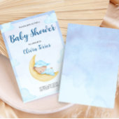 Invitation Blue Watercolor Teddy Bear on Moon Baby Shower