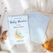 Invitation Blue Watercolor Teddy Bear on Moon Baby Shower