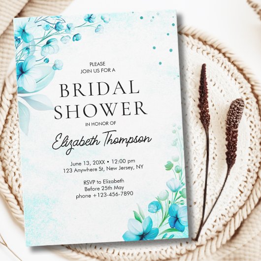 Invitation Blue Watercolor Wildflowers Modern Bridal Shower