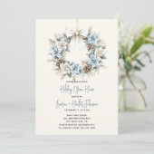 Invitation Blue Watercolor Wreath Holiday Open House Party (Debout devant)