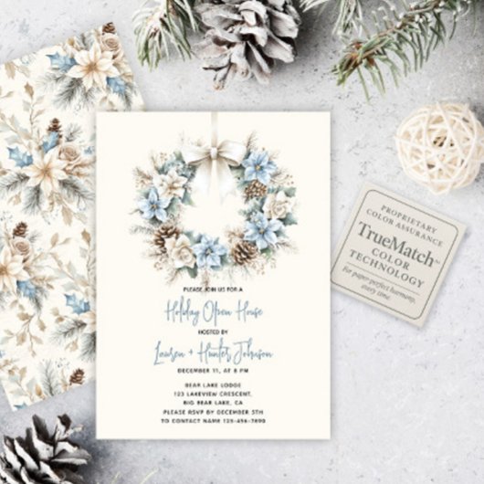 Invitation Blue Watercolor Wreath Holiday Open House Party