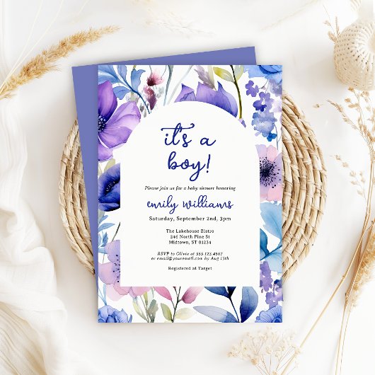 Invitation Blue Watercolour Wildflower Its a Boy Baby Shower