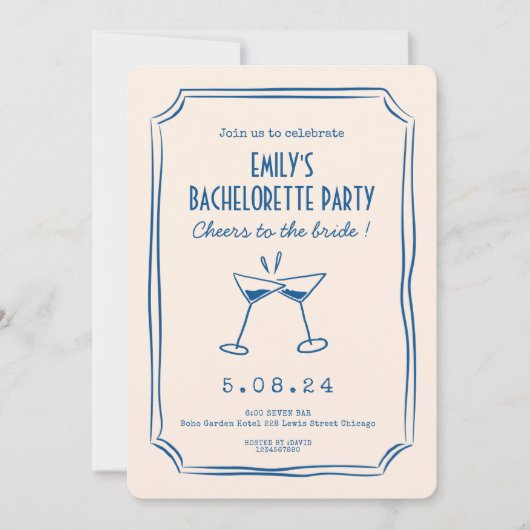 Invitation Blue Whimsical Funky Bachelorette Party (Devant)