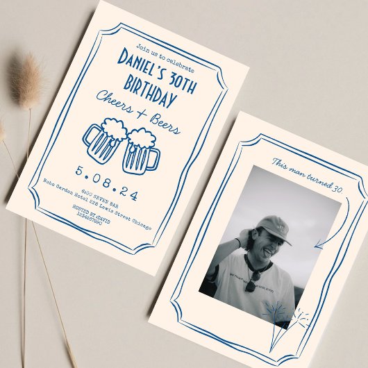 Invitation Blue Whimsical Funky Cheers Bières 30 e anniversai